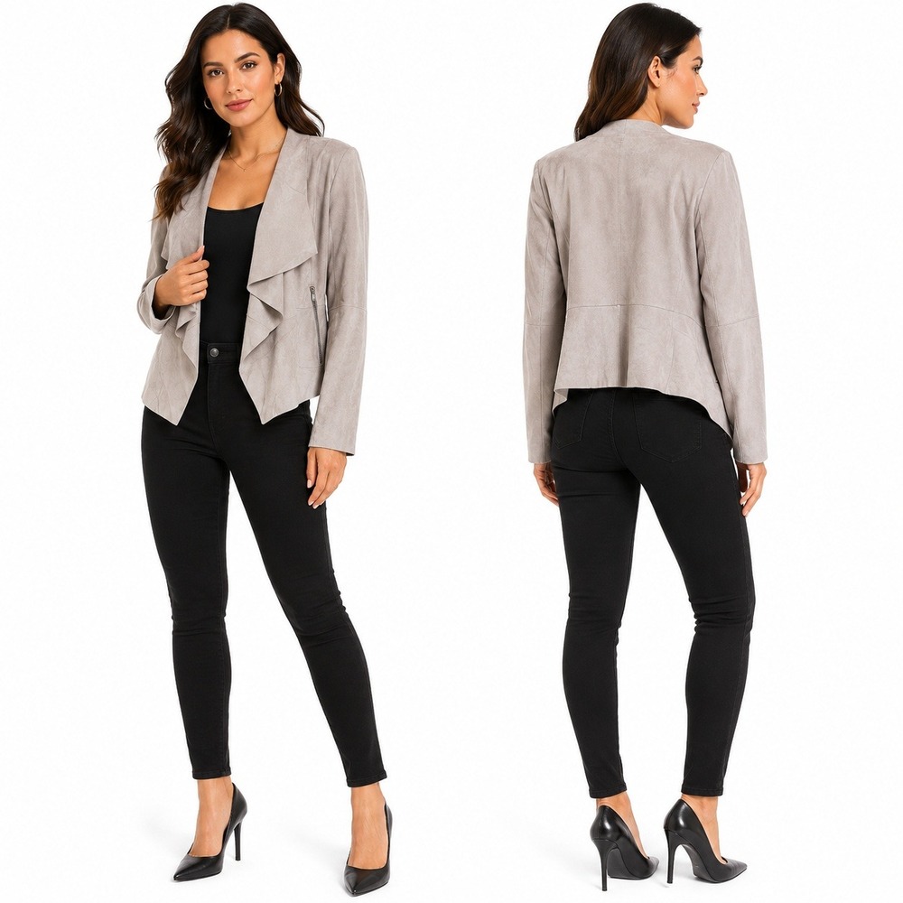 Bagatelle Collection Grey Faux Suede Draped Open Front Jacket Large 66678